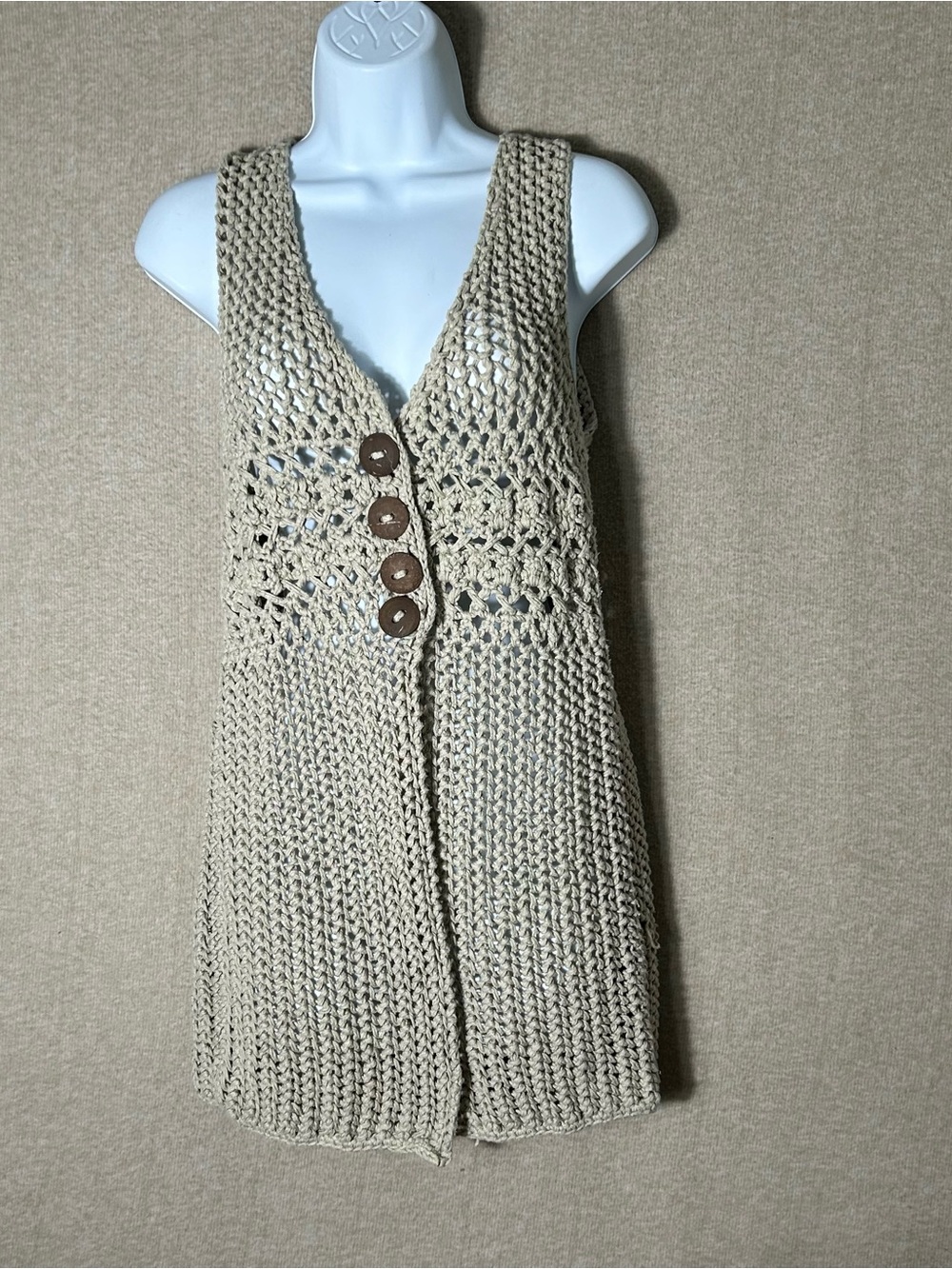 Pure Handknit Sweater Vest Womens Tag S/M‎ PM Tan Open Knit Buttons Boho Crochet